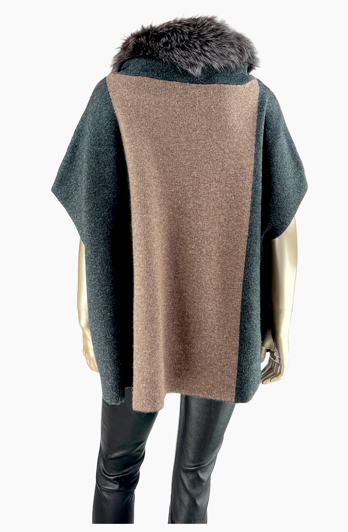 Outlet: Fur Collar Poncho, Brown And Charcoal