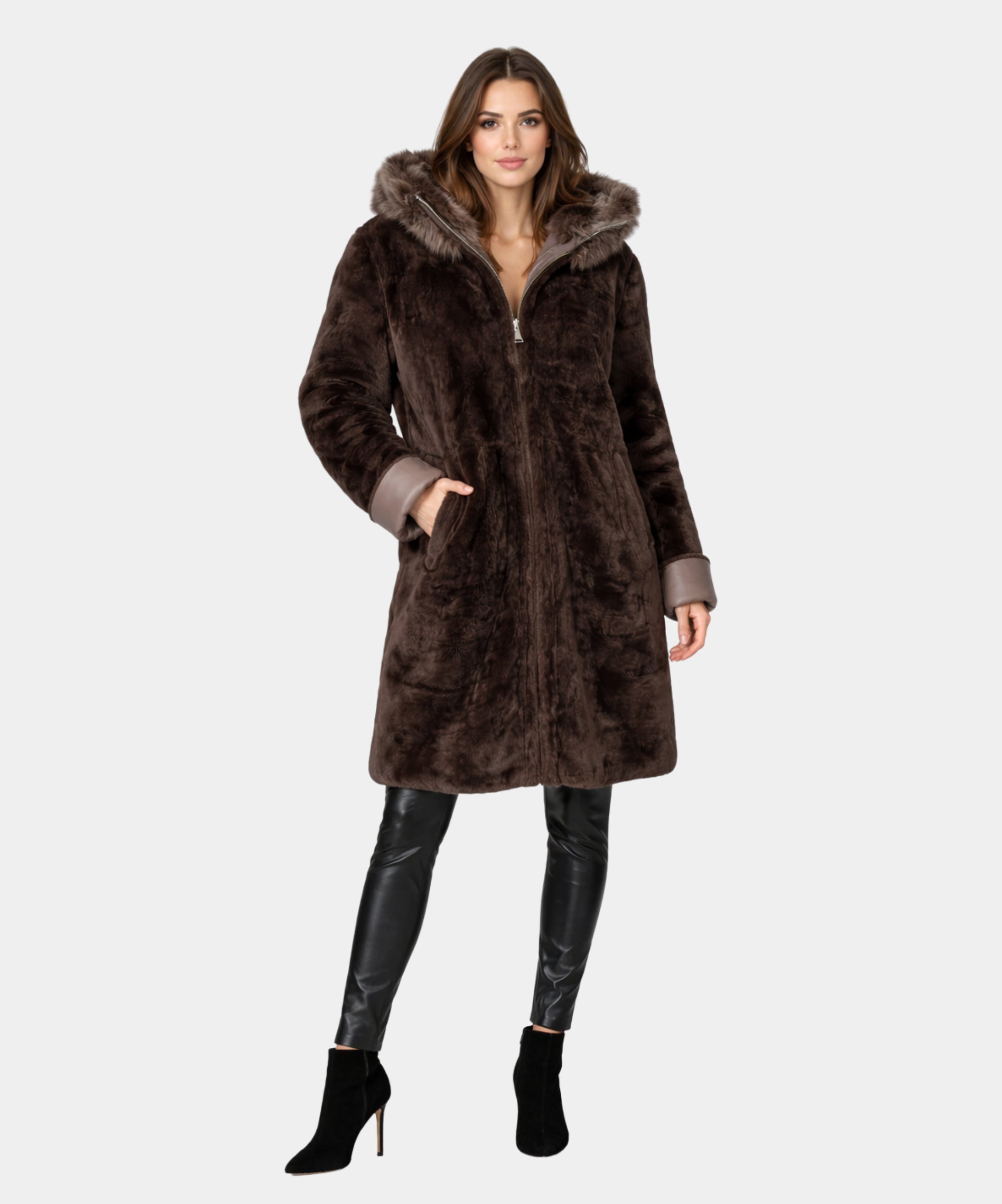 Outlet: Brown Reversible Shearling Hooded Parka