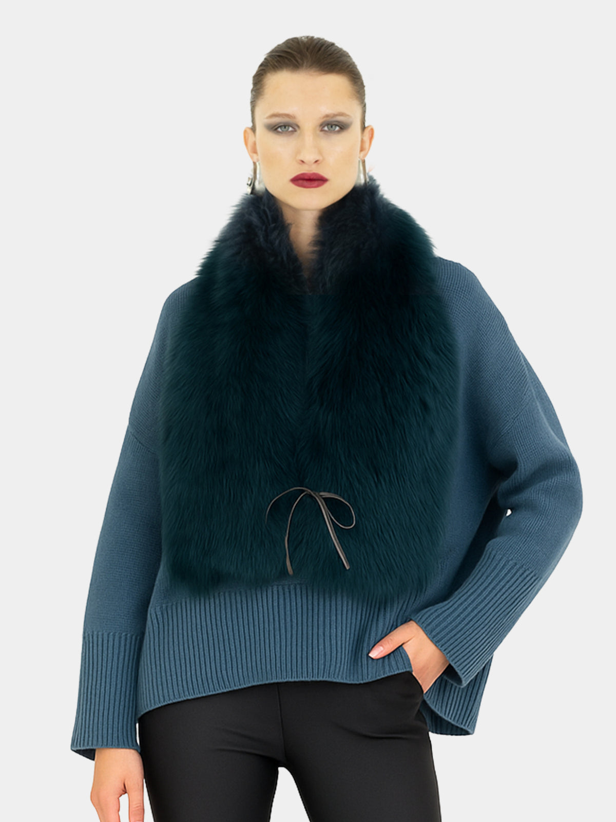 Cerulean blue Toscana shearling tie scarf by Dom Goor with leather tie, close-up front view on a model