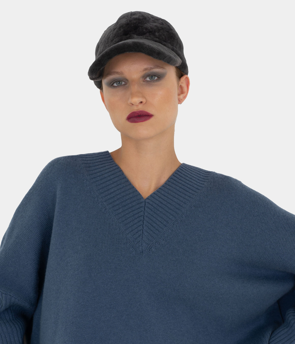 Shadow grey shearling baseball cap by Dom Goor on a model, front view