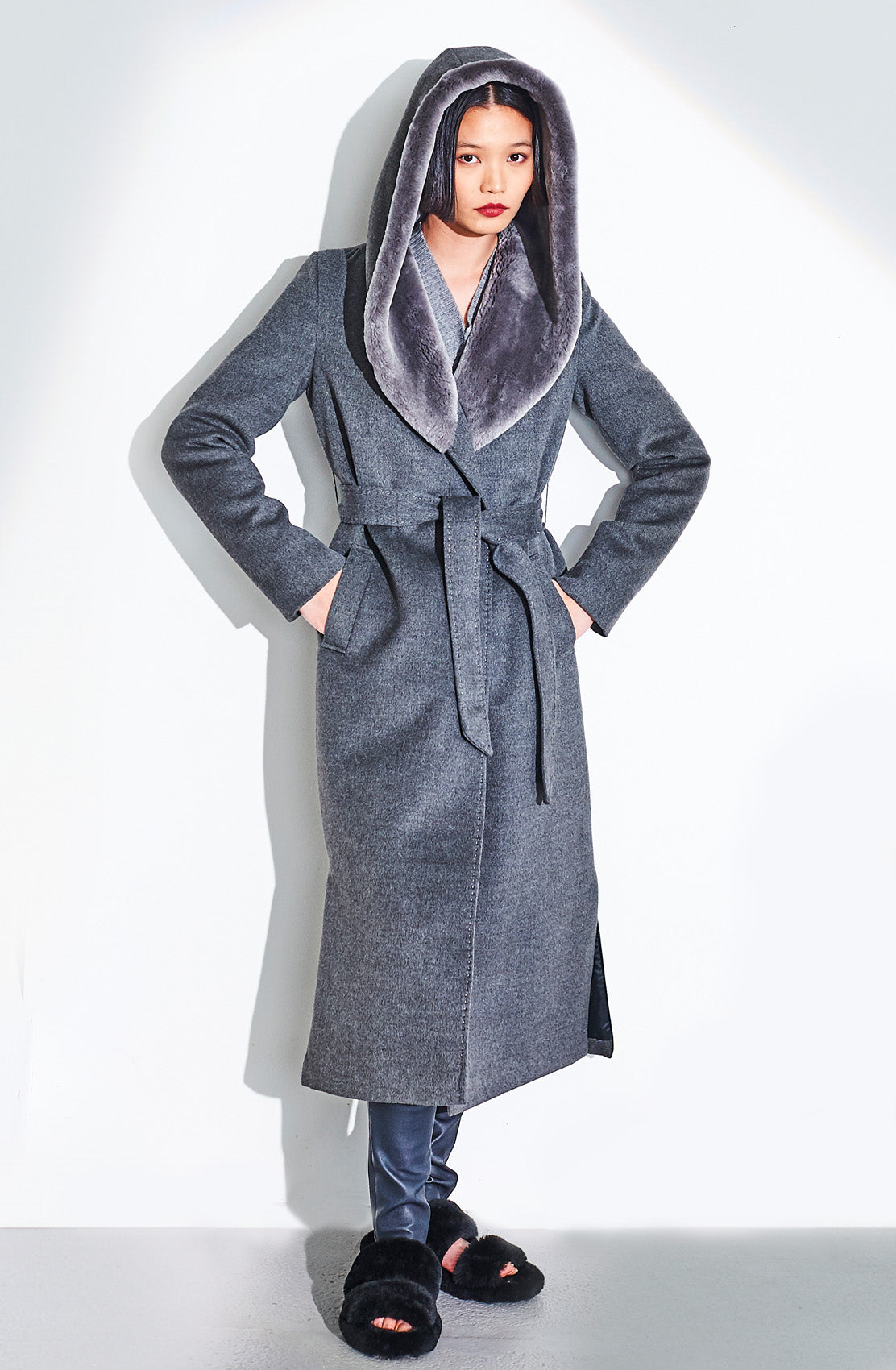 Woven Fabric Long Coat With Shearling Hood. Out Of Stock