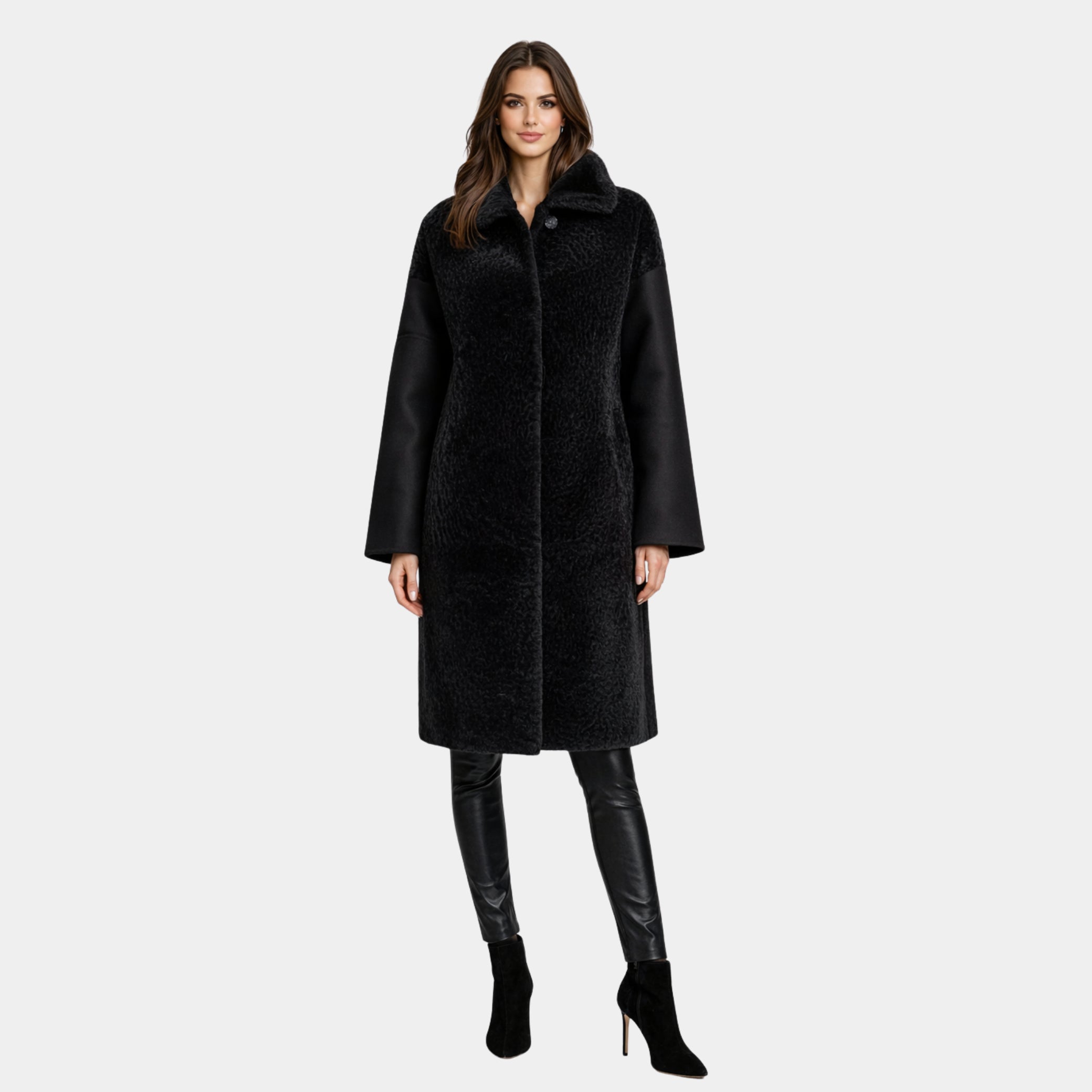 Outlet: Long Wool Coat With Shearling Front Black: Size 10